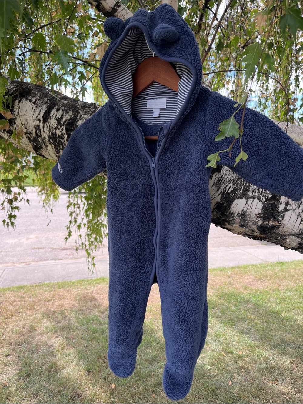 Cozy Navy Fleece Baby Footed One-Piece with Bear-Ear Hood
